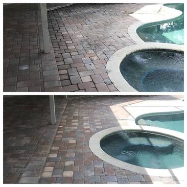 before and after photo of power cleaned poolside pavers